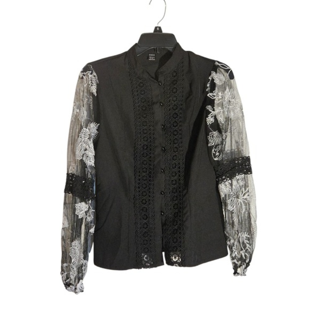 Shein Womens Black Lace Trim Blouse Sheer Floral Embroidered Mesh Sleeve Top M 6